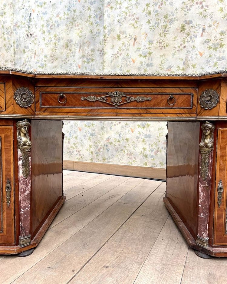 Scrivania d'epoca anni '30 – Legno pregiato, bronzo dorato e marmo