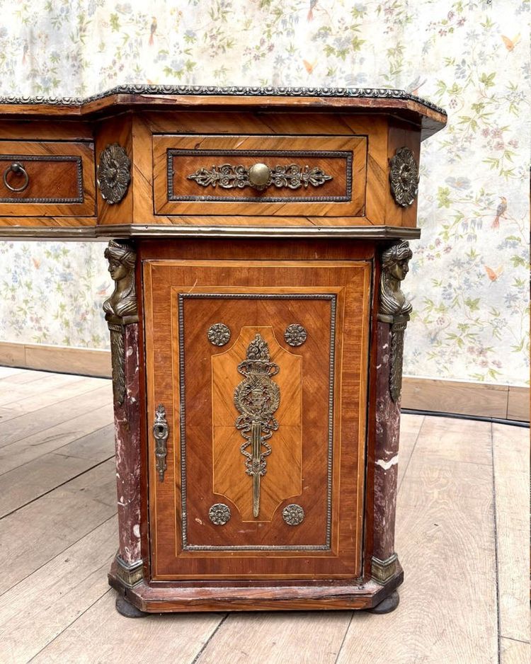 Scrivania d'epoca anni '30 – Legno pregiato, bronzo dorato e marmo