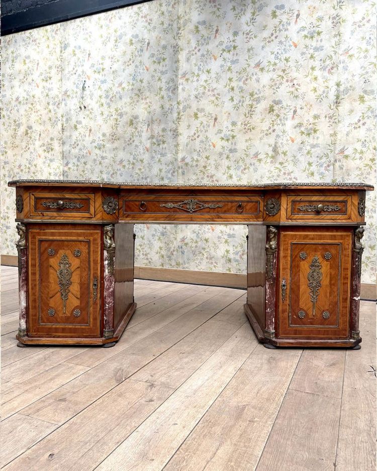 Scrivania d'epoca anni '30 – Legno pregiato, bronzo dorato e marmo