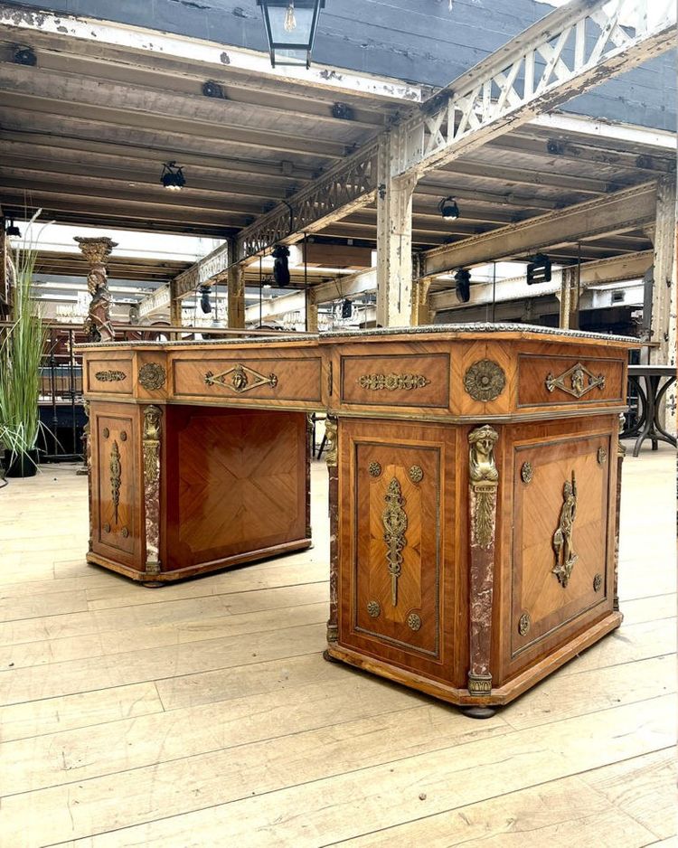 Scrivania d'epoca anni '30 – Legno pregiato, bronzo dorato e marmo