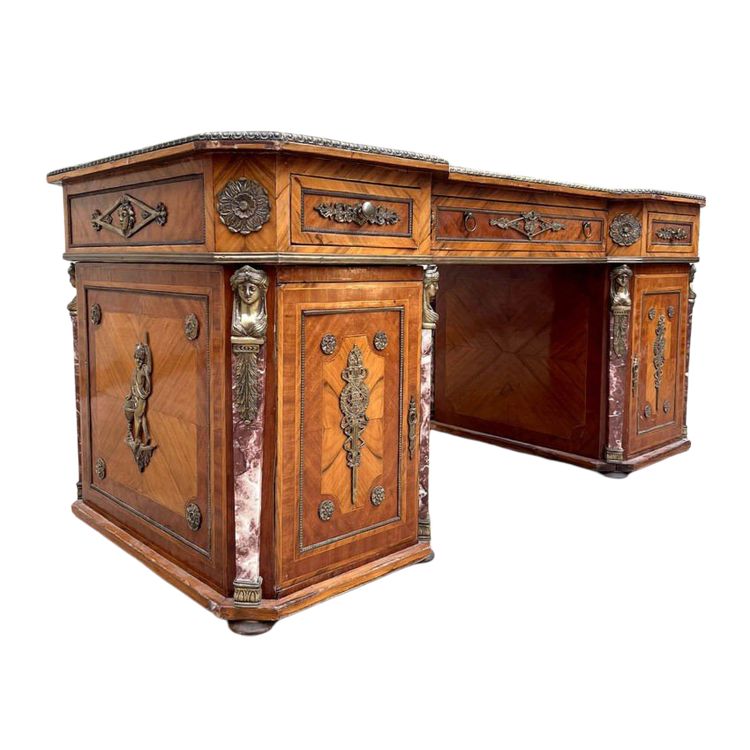 Scrivania d'epoca anni '30 – Legno pregiato, bronzo dorato e marmo