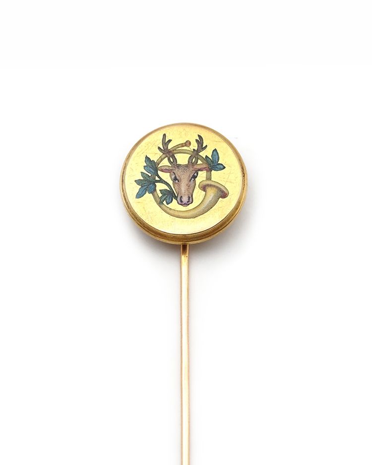 18 Karat Gold Emaille Jagd Krawattennadel, Jagdhorn, Hirsch, antiker Schmuck, Herrenschmuck