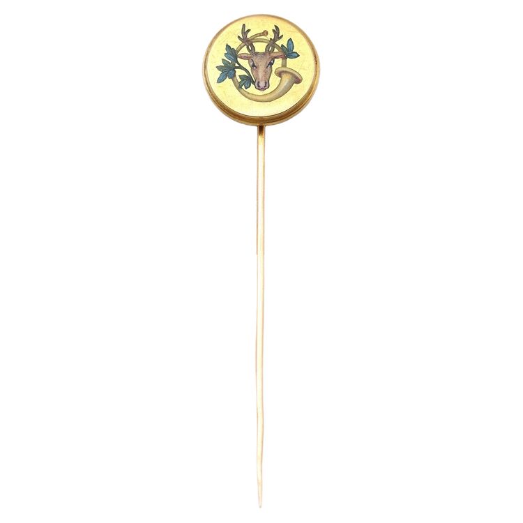 18 Karat Gold Emaille Jagd Krawattennadel, Jagdhorn, Hirsch, antiker Schmuck, Herrenschmuck