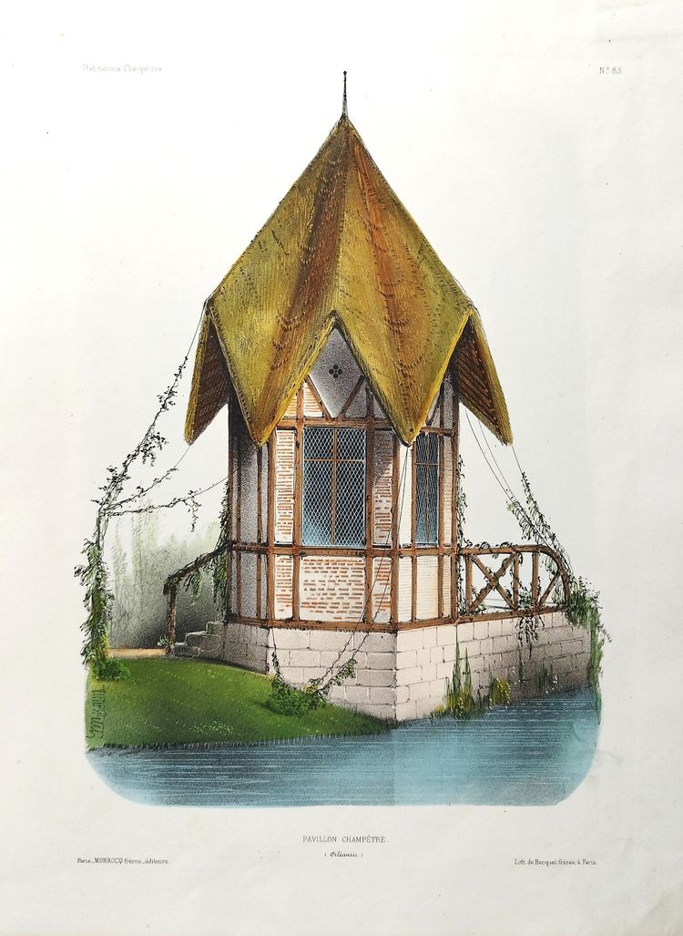 Architecture Countryside Pavilion Watercolored Lithograph By Victor Petit  19th C Old Print