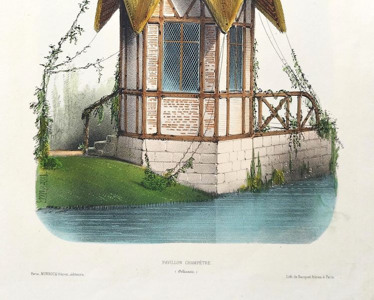 Architecture Countryside Pavilion Watercolored Lithograph By Victor Petit  19th C Old Print