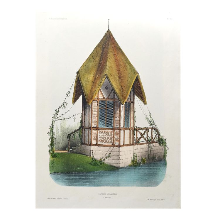 Architecture Countryside Pavilion Watercolored Lithograph By Victor Petit  19th C Old Print
