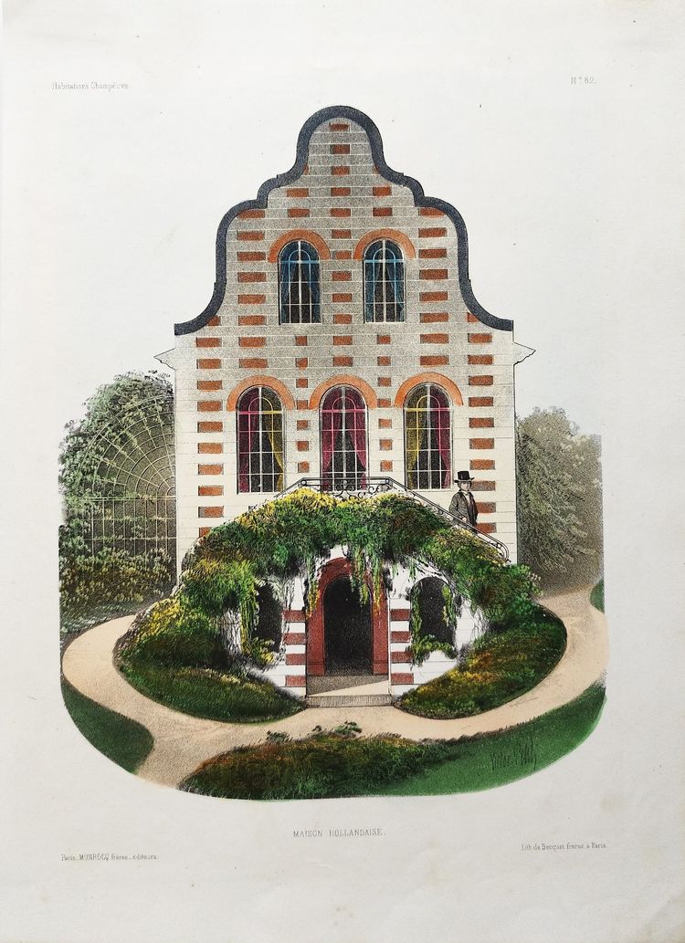 Architecture Lithographie aquarellée par Victor Petit Maison hollandaise XIX
