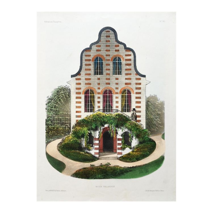 Architecture Lithographie aquarellée par Victor Petit Maison hollandaise XIX
