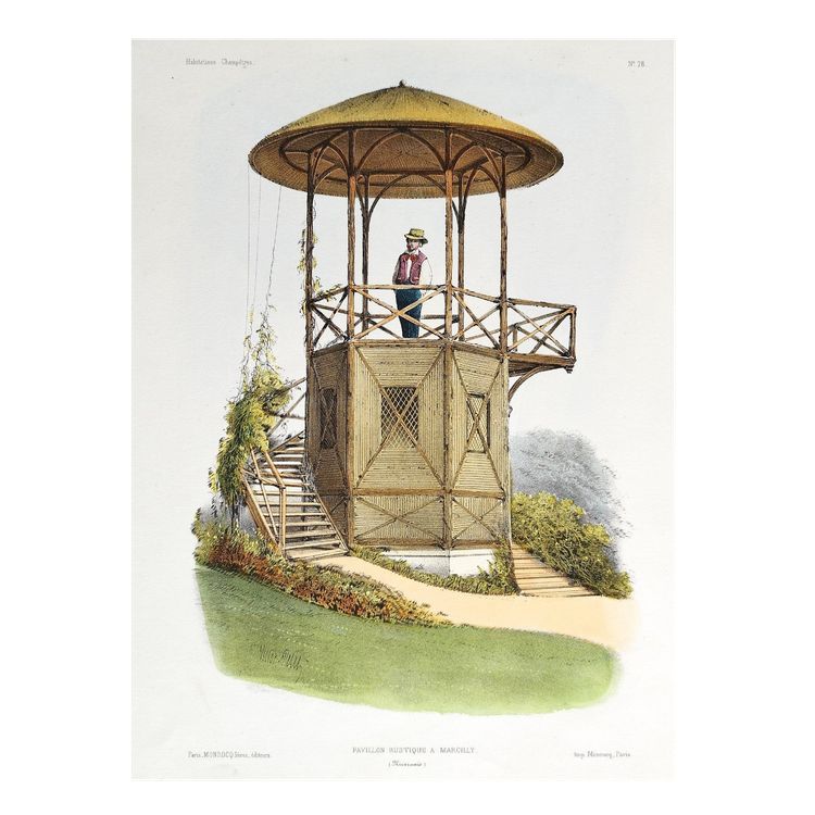 Architecture Pavillon rustique à Marcilly Lithographie aquarellée par Victor Petit 19ème