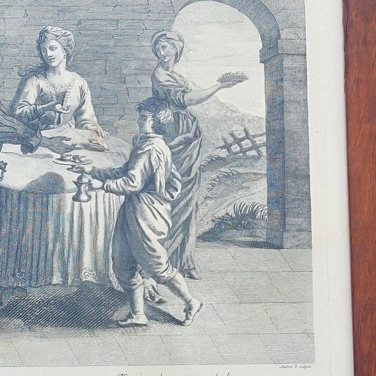 Interior scene, framed engraving, 19th century