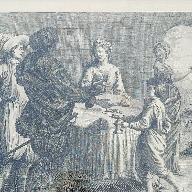 Interior scene, framed engraving, 19th century