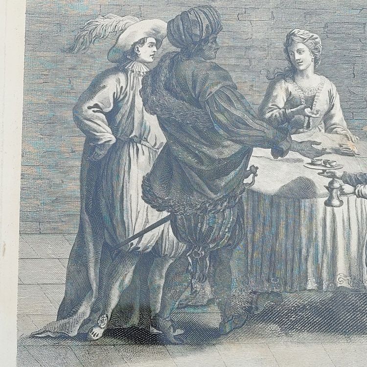 Interior scene, framed engraving, 19th century