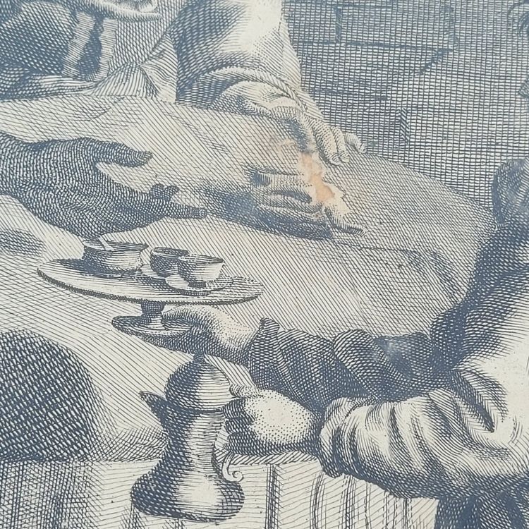 Interior scene, framed engraving, 19th century