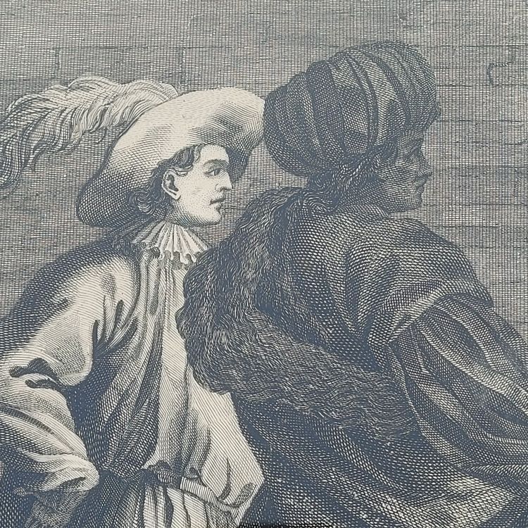 Interior scene, framed engraving, 19th century
