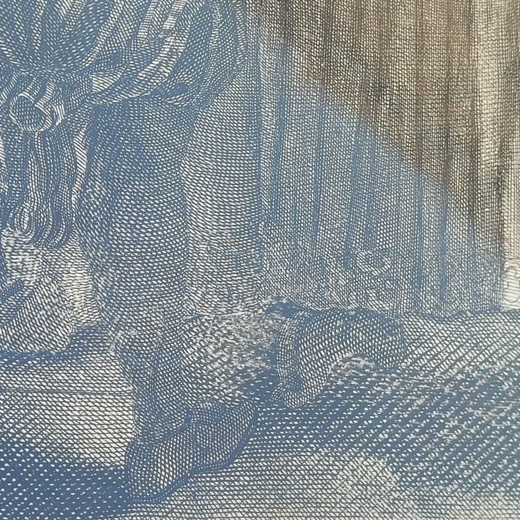 Interior scene, framed engraving, 19th century
