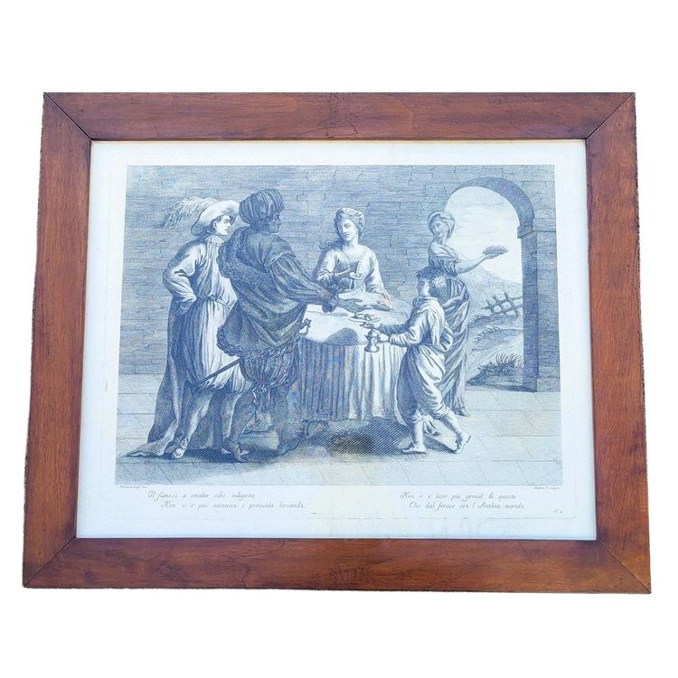 Interior scene, framed engraving, 19th century