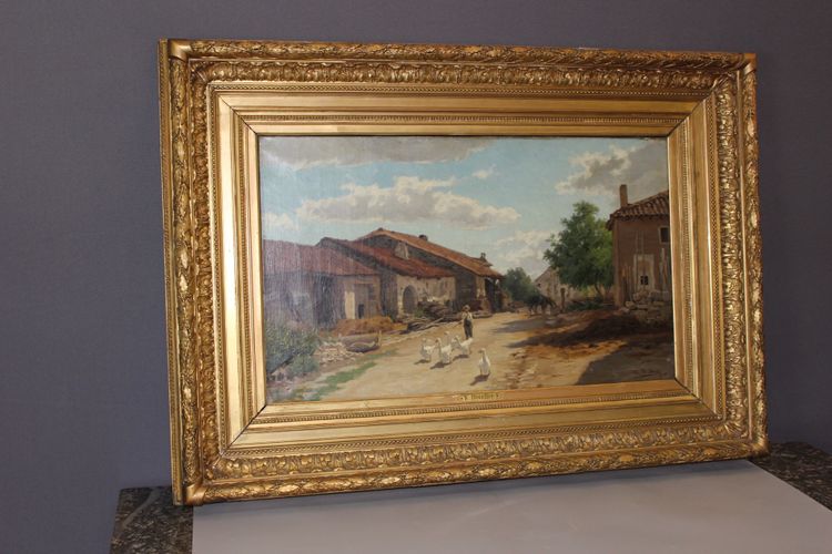 Öl auf Leinwand von Boudier, Bauernhof in den Vogesen, 19. Jahrhundert