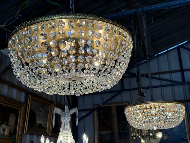 Pair of large Louis XVI style ceiling lights, crystal and brass pendants