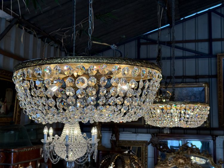 Pair of large Louis XVI style ceiling lights, crystal and brass pendants