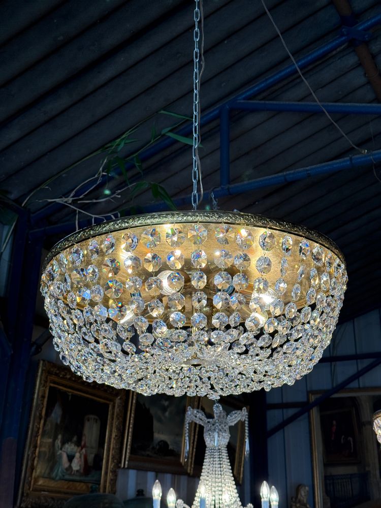 Pair of large Louis XVI style ceiling lights, crystal and brass pendants