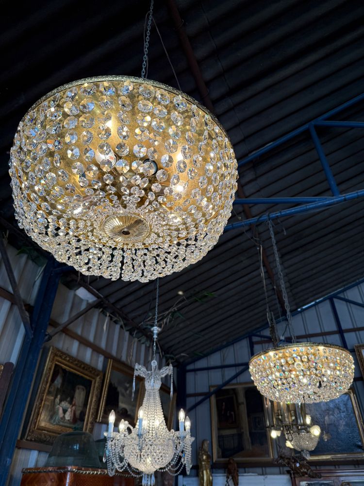 Pair of large Louis XVI style ceiling lights, crystal and brass pendants