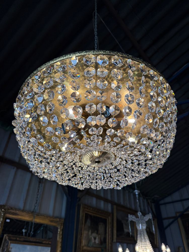 Pair of large Louis XVI style ceiling lights, crystal and brass pendants