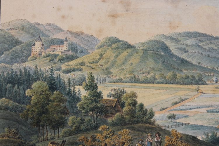 Aquarelle paysage de Bavière ou du Tyrol signée et datée Kofler 1904 Autriche Allemagne