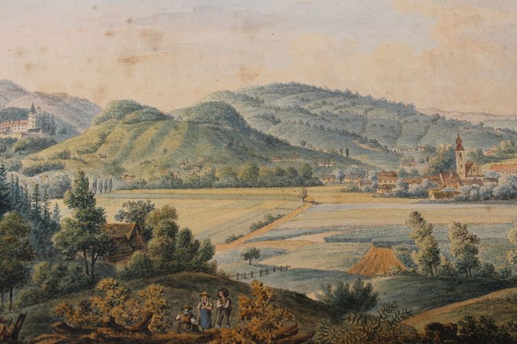 Aquarelle paysage de Bavière ou du Tyrol signée et datée Kofler 1904 Autriche Allemagne