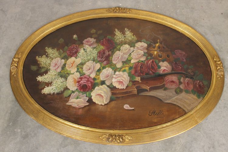 Große Gouache auf Holz mit floralem Dekor aus der Zeit des Art Déco mit originalem vergoldetem Holzrahmen