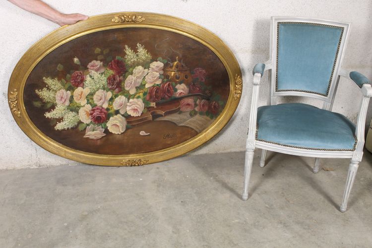 Große Gouache auf Holz mit floralem Dekor aus der Zeit des Art Déco mit originalem vergoldetem Holzrahmen