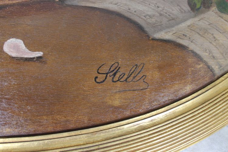 Große Gouache auf Holz mit floralem Dekor aus der Zeit des Art Déco mit originalem vergoldetem Holzrahmen