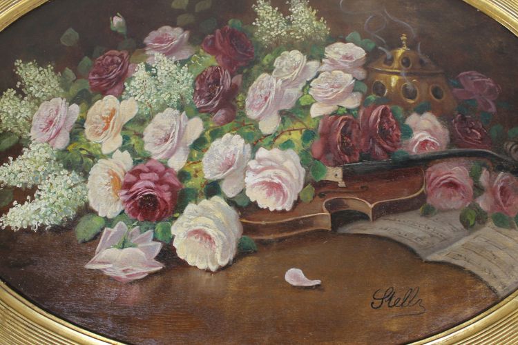 Große Gouache auf Holz mit floralem Dekor aus der Zeit des Art Déco mit originalem vergoldetem Holzrahmen