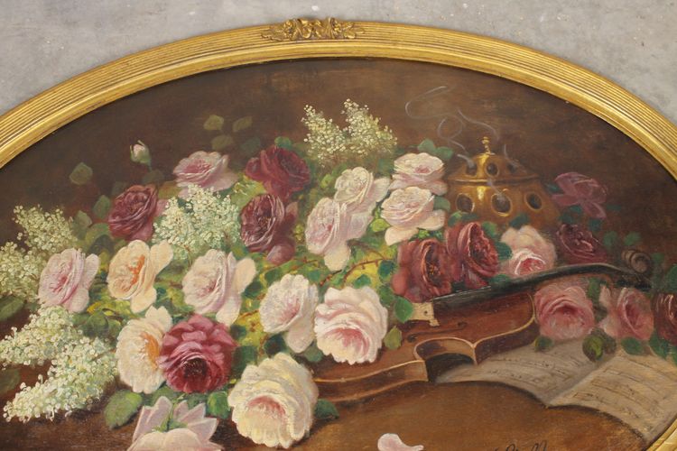 Große Gouache auf Holz mit floralem Dekor aus der Zeit des Art Déco mit originalem vergoldetem Holzrahmen
