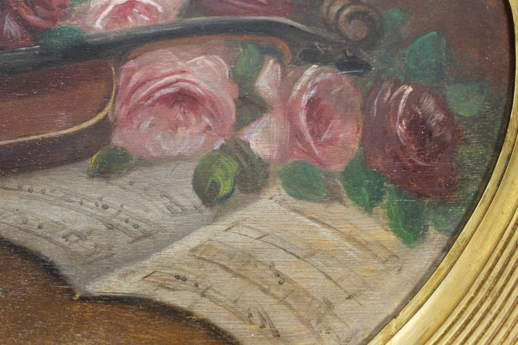 Große Gouache auf Holz mit floralem Dekor aus der Zeit des Art Déco mit originalem vergoldetem Holzrahmen