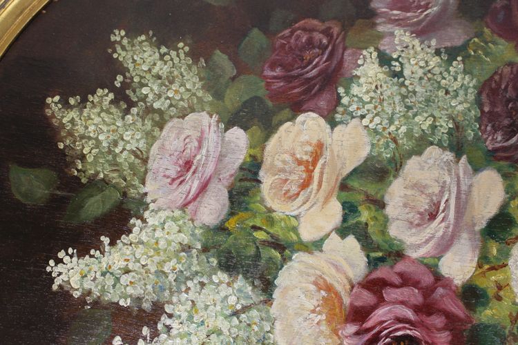 Große Gouache auf Holz mit floralem Dekor aus der Zeit des Art Déco mit originalem vergoldetem Holzrahmen