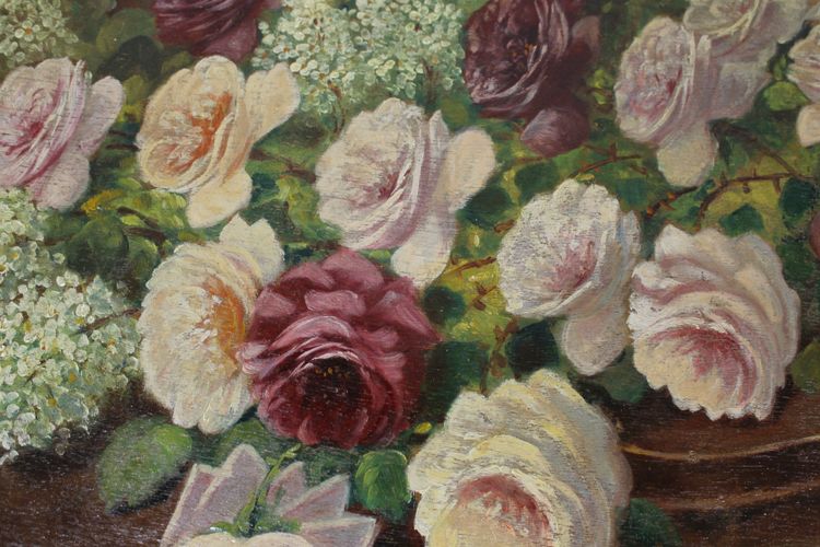 Große Gouache auf Holz mit floralem Dekor aus der Zeit des Art Déco mit originalem vergoldetem Holzrahmen