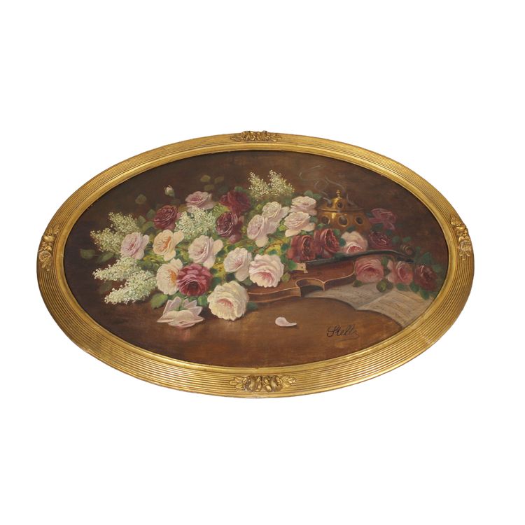 Große Gouache auf Holz mit floralem Dekor aus der Zeit des Art Déco mit originalem vergoldetem Holzrahmen