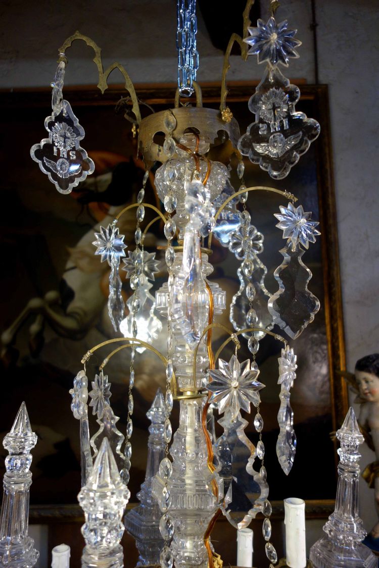 Importante lampadario a gabbia per chiesa in cristallo tagliato