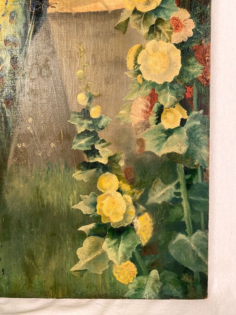 Oil on canvas, “peacock and hollyhocks” signed and dated 1903