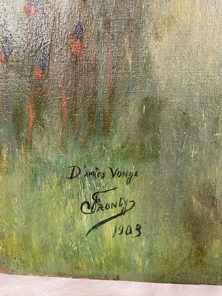 Oil on canvas, “peacock and hollyhocks” signed and dated 1903