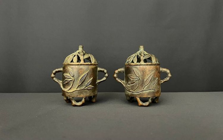 Pair of Chinese bronze incense burners – bamboo decoration, with openwork lids