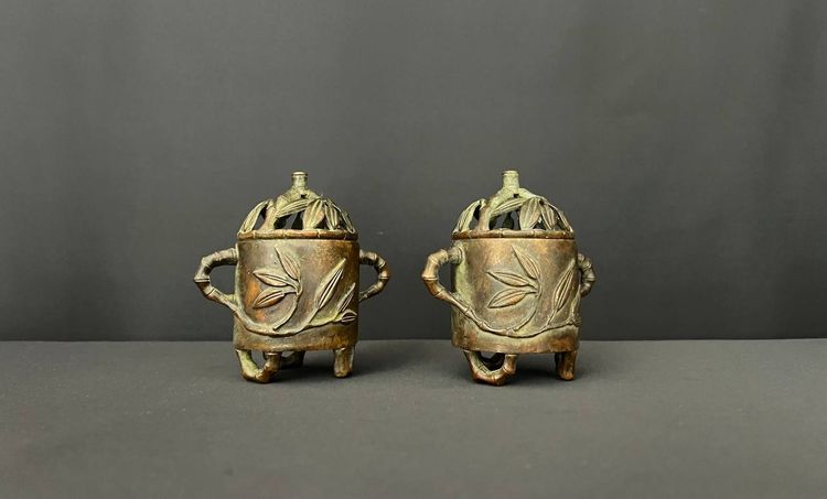 Pair of Chinese bronze incense burners – bamboo decoration, with openwork lids