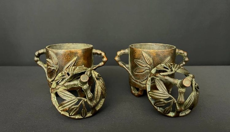 Pair of Chinese bronze incense burners – bamboo decoration, with openwork lids