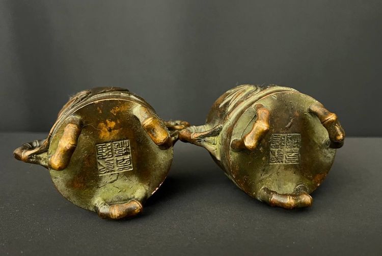 Pair of Chinese bronze incense burners – bamboo decoration, with openwork lids