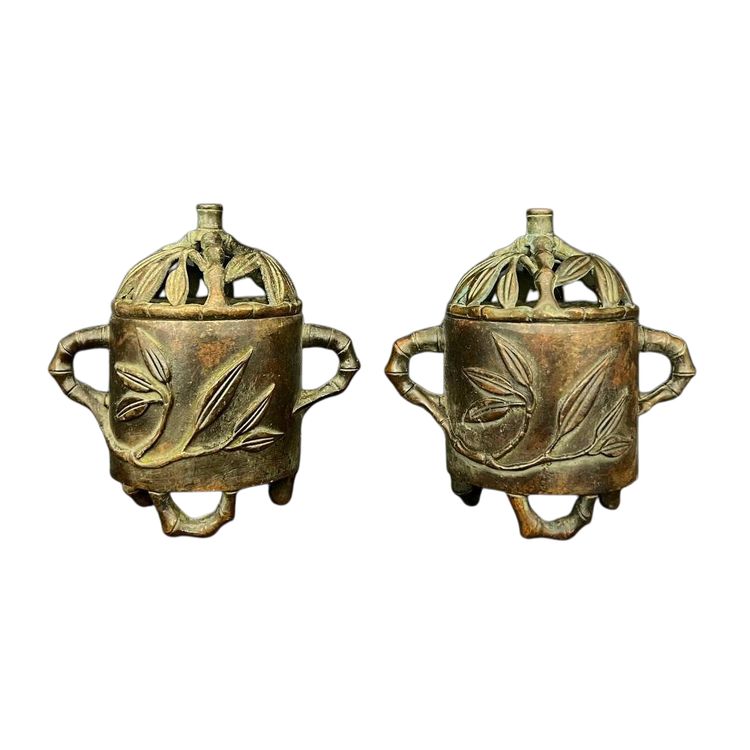 Pair of Chinese bronze incense burners – bamboo decoration, with openwork lids