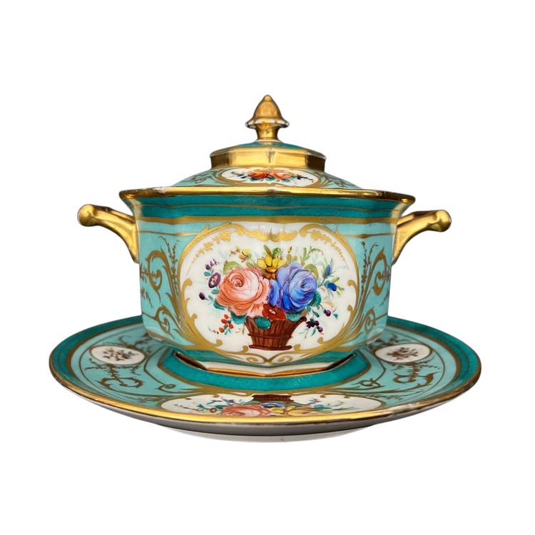 Bonbonschale mit Deckel und Untertasse aus französischem Porzellan, verziert mit Türkis, Gold und Blumen.