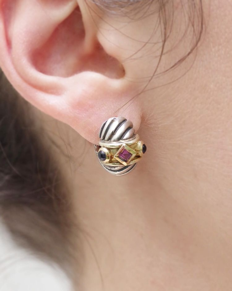 Créoles style néo-étrusque en or 14 karats et argent, style David Yurman, Americain, bijou moderne