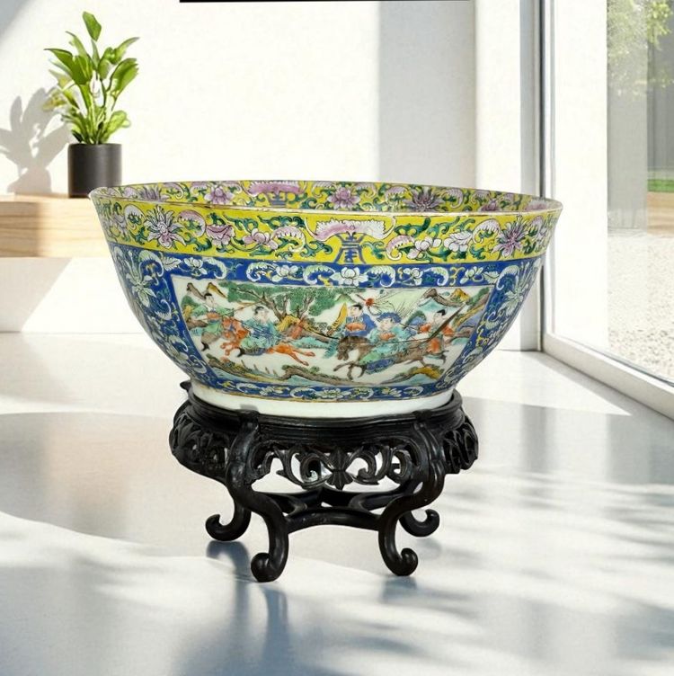 LARGE POLYCHROME ENAMEL BOWL CHINA /CANTON 19th A DECORATION OF BATTLE SCENES
