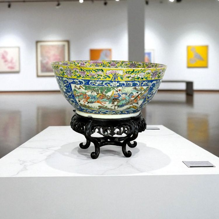 LARGE POLYCHROME ENAMEL BOWL CHINA /CANTON 19th A DECORATION OF BATTLE SCENES