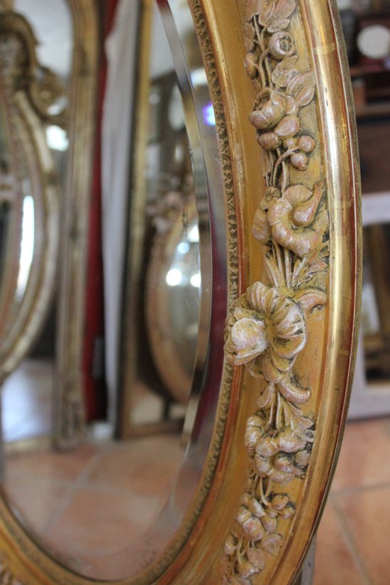 Oval Restoration Mirror, Gold Leaf, Patina, Beveled Mercury Glass 80 X 103 Cm